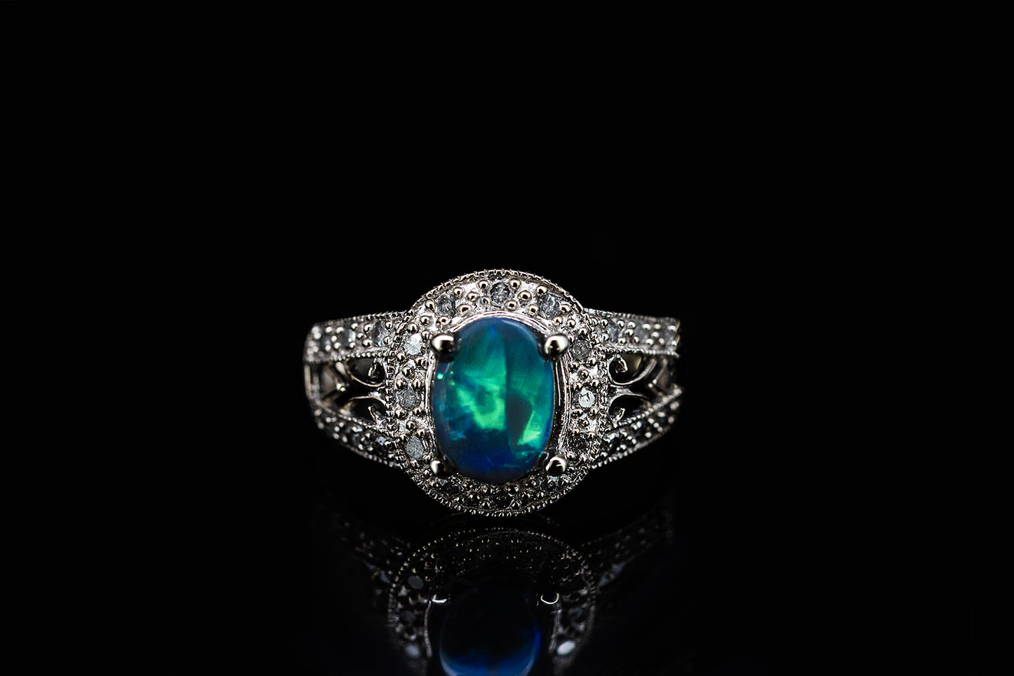 Black Opal Ring in White Gold