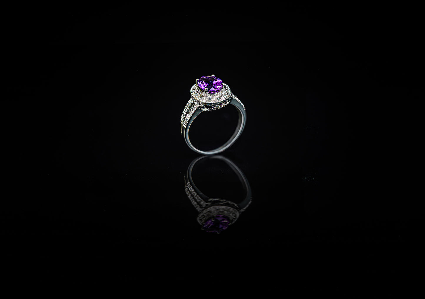 10K White Gold Amethyst & Diamond Cluster Ring