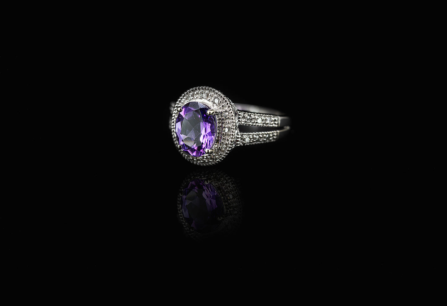 10K White Gold Amethyst & Diamond Cluster Ring