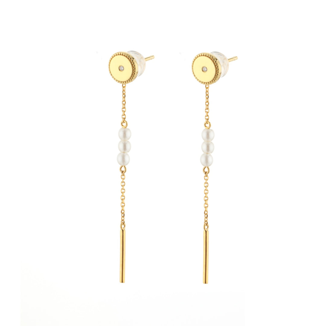 Gold Dangle Earrings with Pearls & Diamonds - Round