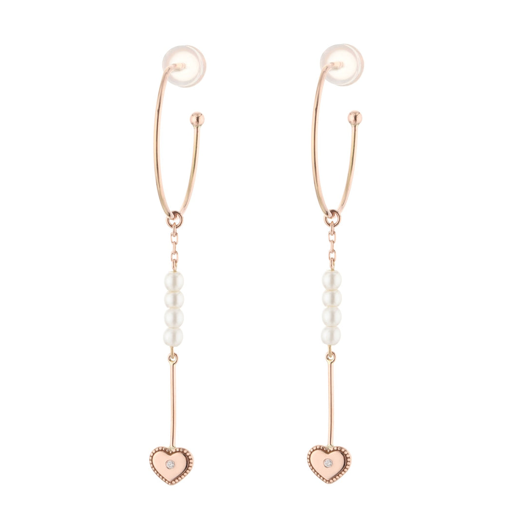 Rose Gold Hoop Earrings with Pearls & Diamonds - Heart