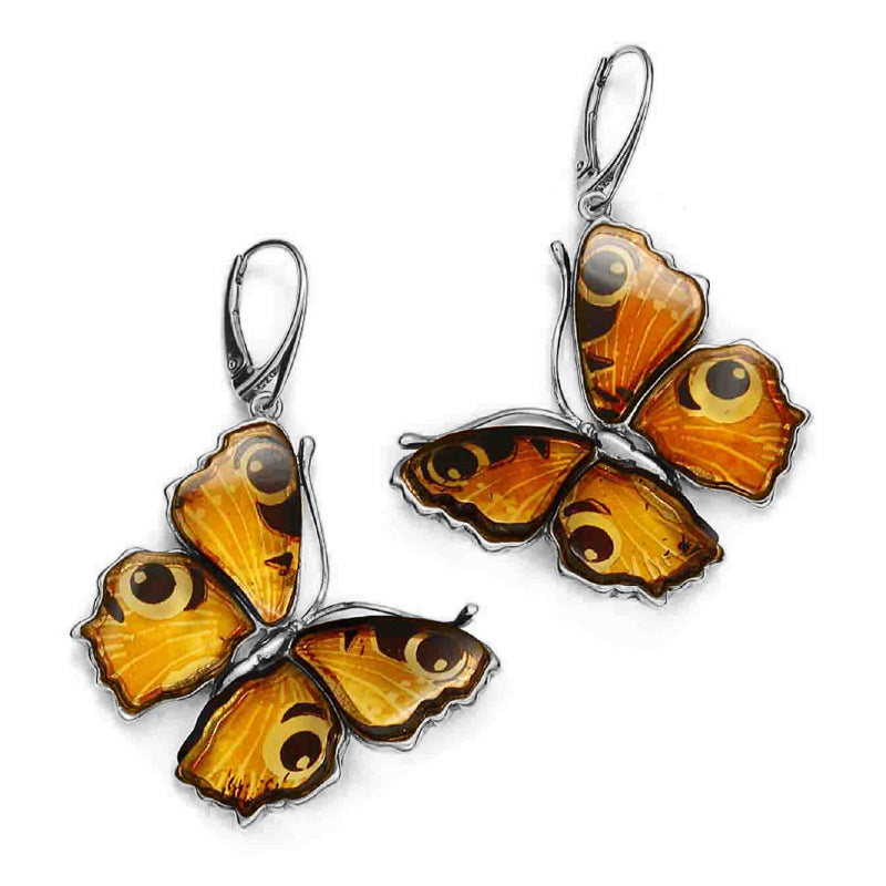 925 Sterling Silver Amber Peacock Butterfly Dangles Earrings