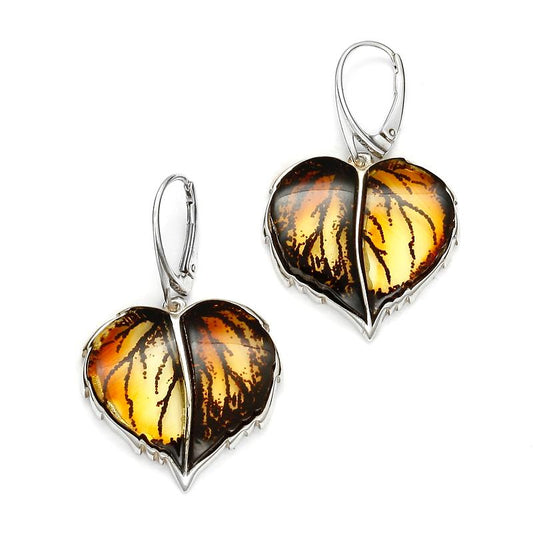 925 Sterling Silver Amber Leaf Dangles Earrings (B)