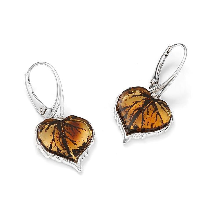 925 Sterling Silver Amber Leaf Dangles Earrings (S)