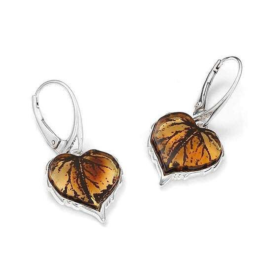 925 Sterling Silver Amber Leaf Dangles Earrings (S)