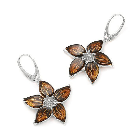 925 Sterling Silver Amber Flower Dangles Earrings