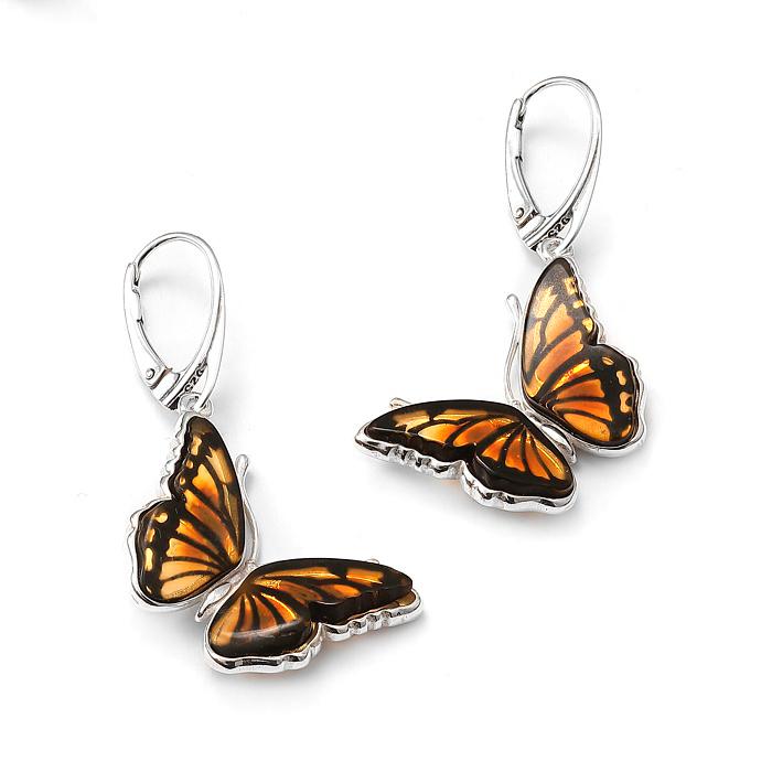 925 Sterling Silver Amber Monarch Butterfly Dangles Earrings