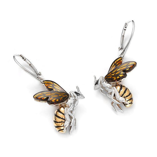 925 Sterling Silver Amber Bee Dangles Earrings