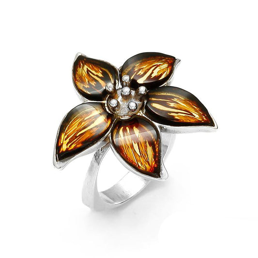 925 Sterling Silver Amber Flower Ring