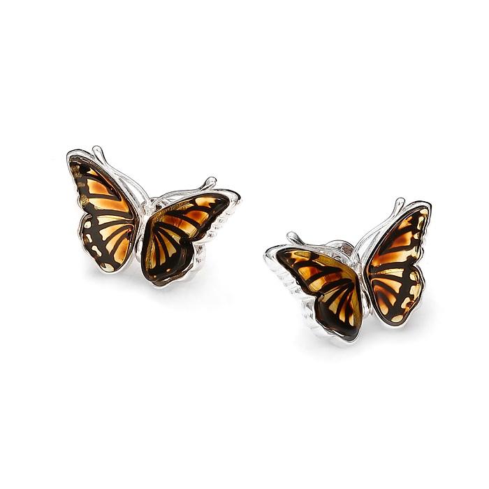 925 Sterling Silver Amber Monarch Butterfly Studs Earrings