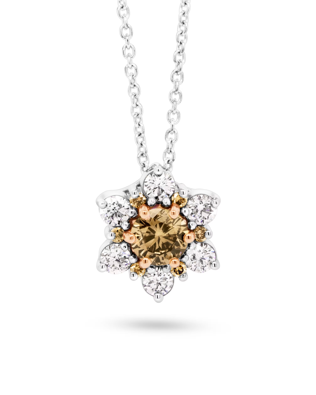A White & Rose Gold pendant necklace featuring a flower-shaped design with a central round Champagne Diamond gemstone surrounded by clear Diamonds stones, suspended from a delicate White gold chain 