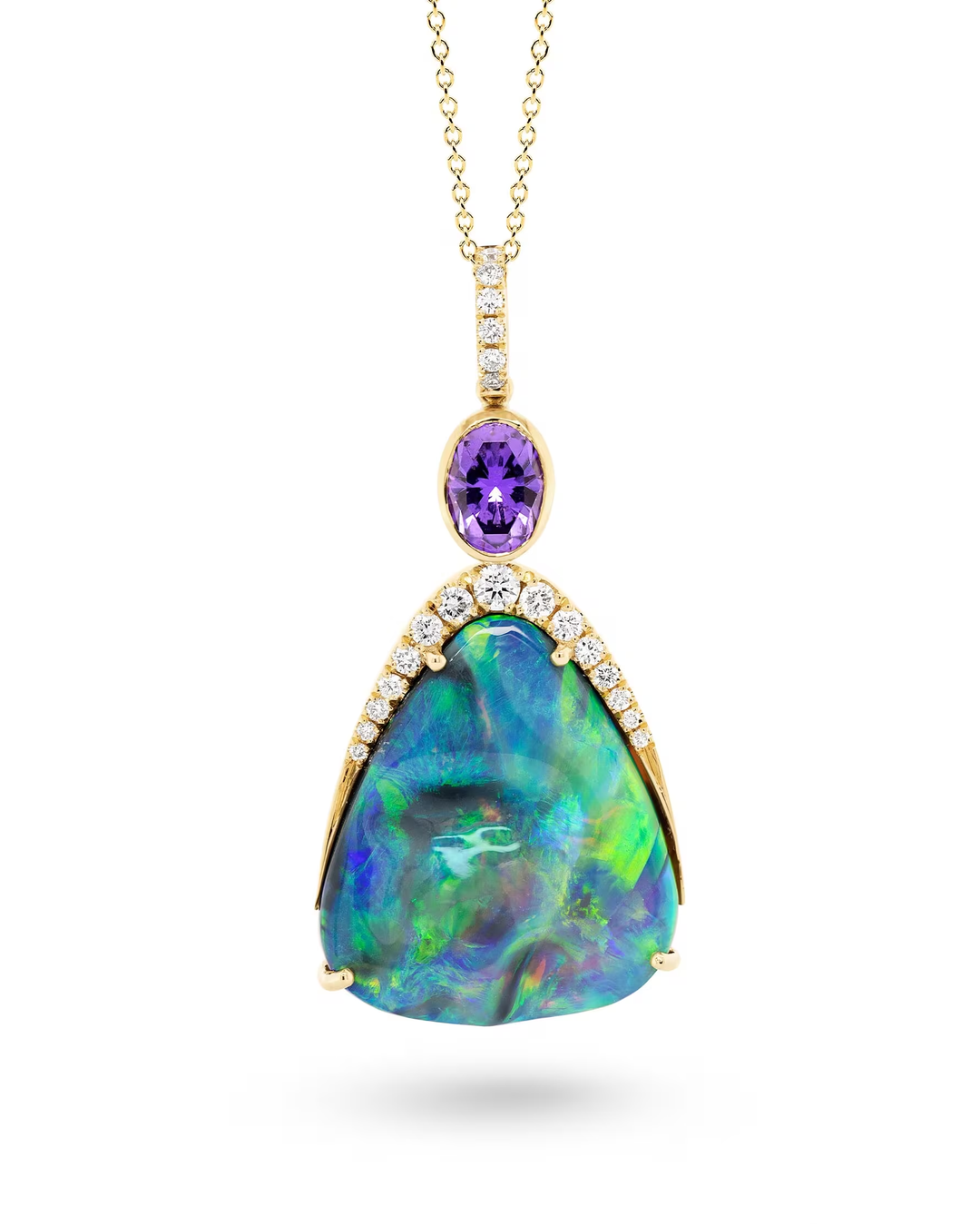 A yellow gold pendant necklace featuring a large, teardrop-shaped iridescent opal with green and blue flashes, a small oval purple amethyst stone, and a row of clear pavé diamonds along the setting, suspended from a delicate gold chain.