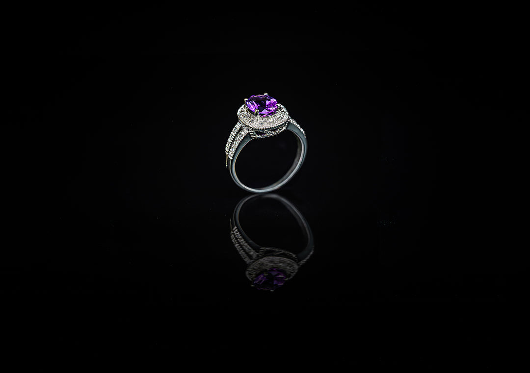 10K White Gold Amethyst & Diamond Cluster Ring