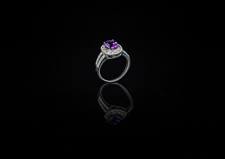 10K White Gold Amethyst & Diamond Cluster Ring
