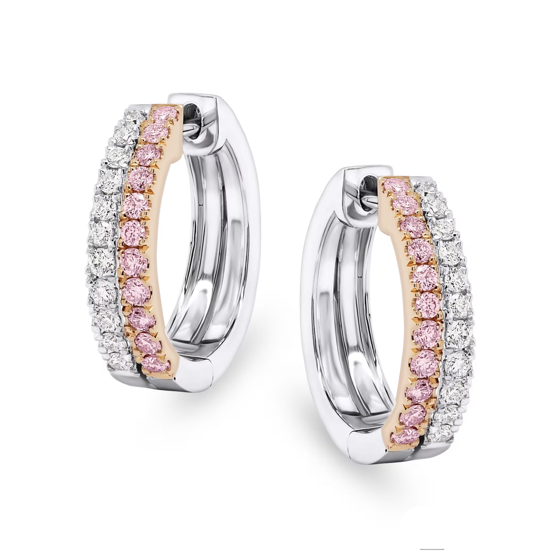Two Tone Earrings with Clear &amp; Pink Diamonds in 18ct Gold