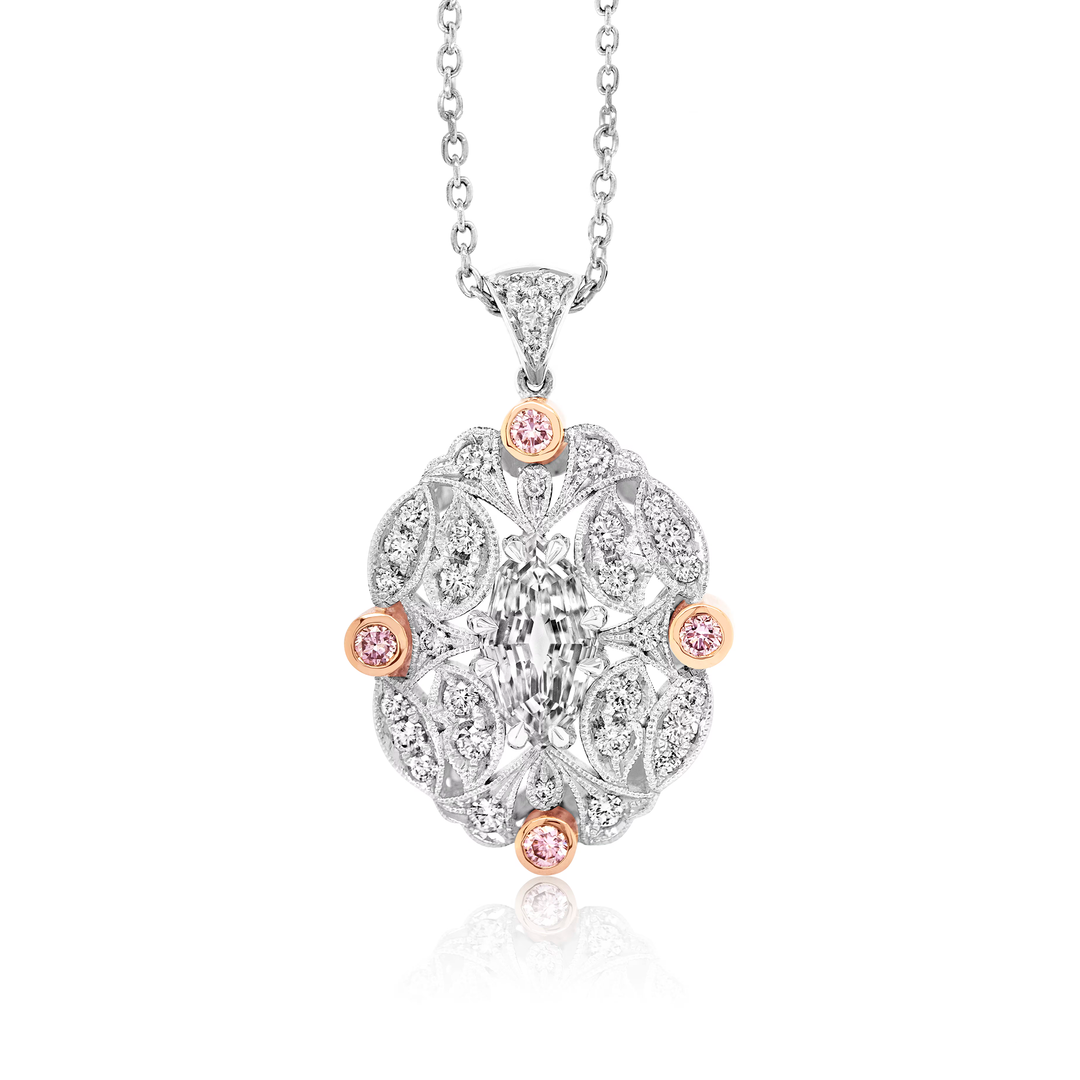Two Tone Lozenge cut Diamond Pink Diamonds Pendant in 18ct Gold