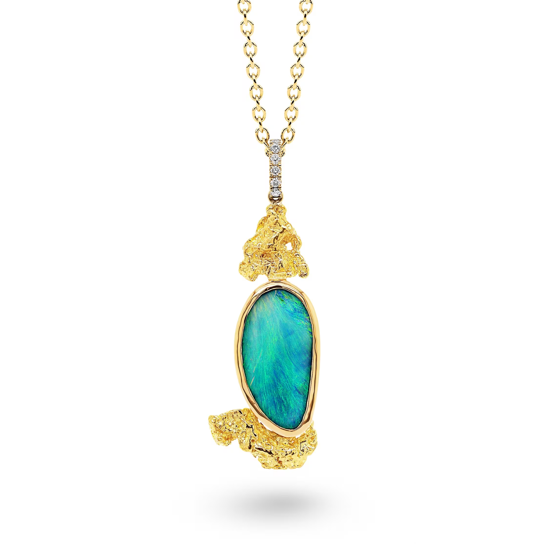 Blue &amp; Green Boulder Opal in 18ct Gold Nugget