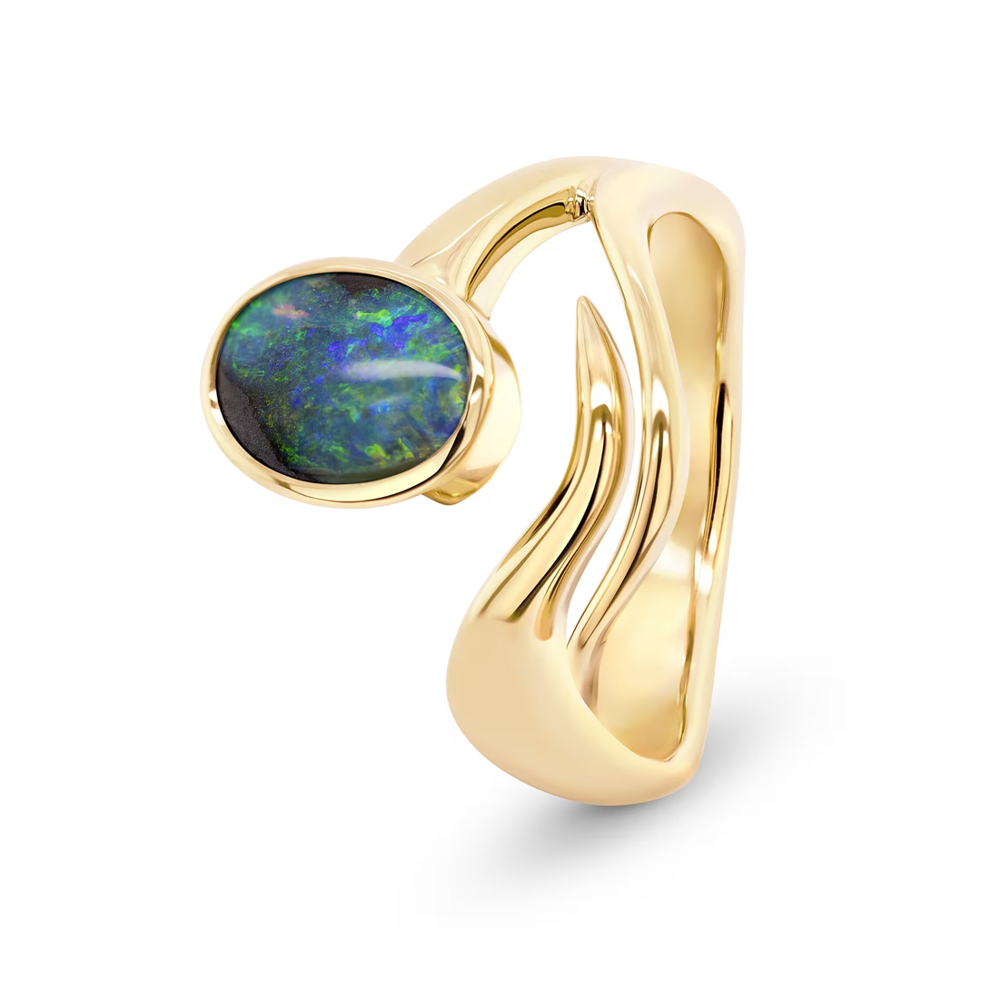 Green &amp; Blue Boulder Opal Ring in 18ct Yellow Gold