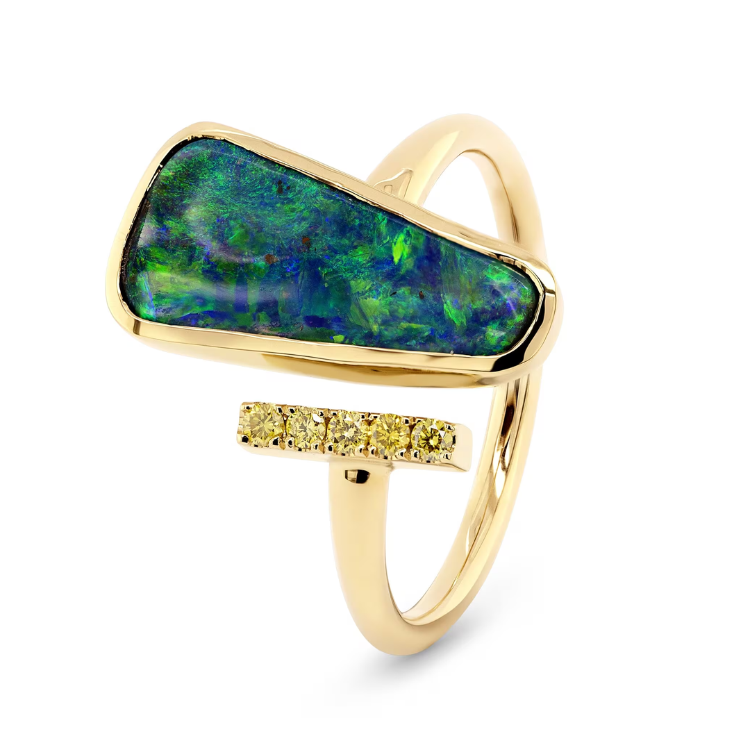 Green &amp; Blue Boulder Opal Ring in 18ct with Yellow Diamonds
