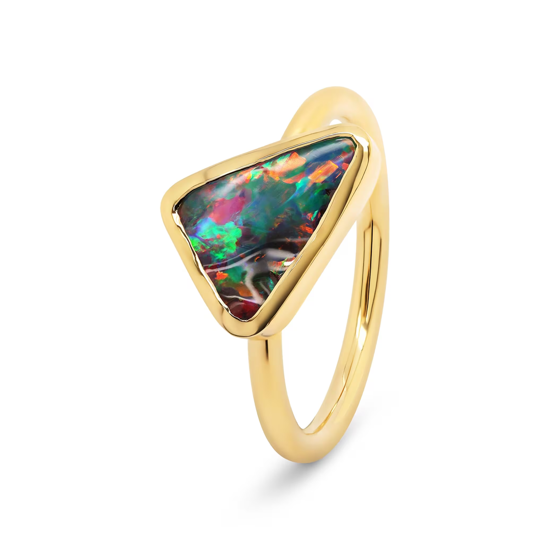 Multicoloured Boulder Opal Ring in 18ct Yellow Gold