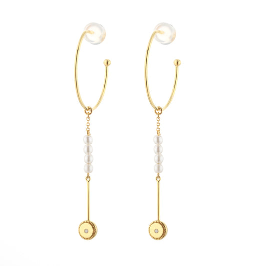Gold Hoop Earrings with Pearls & Diamonds - Round