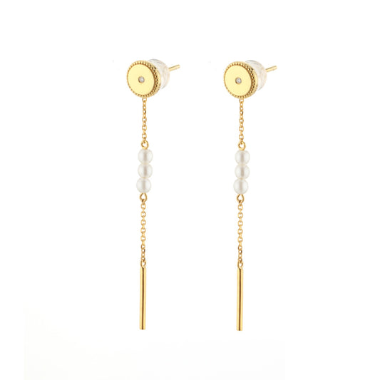 Gold Dangle Earrings with Pearls & Diamonds - Round