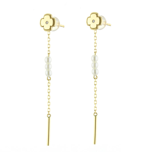 Gold Dangle Earrings with Pearls & Diamonds - Flower
