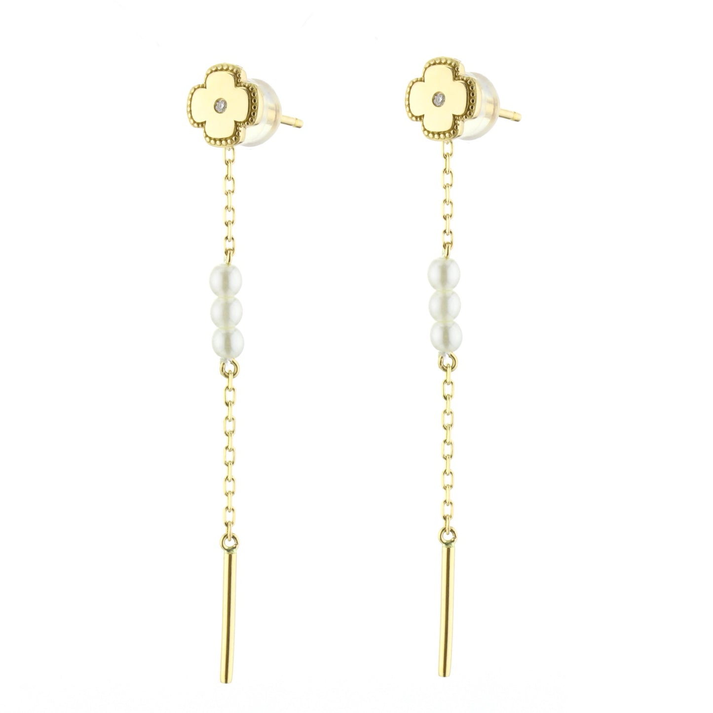 Gold Dangle Earrings with Pearls & Diamonds - Flower
