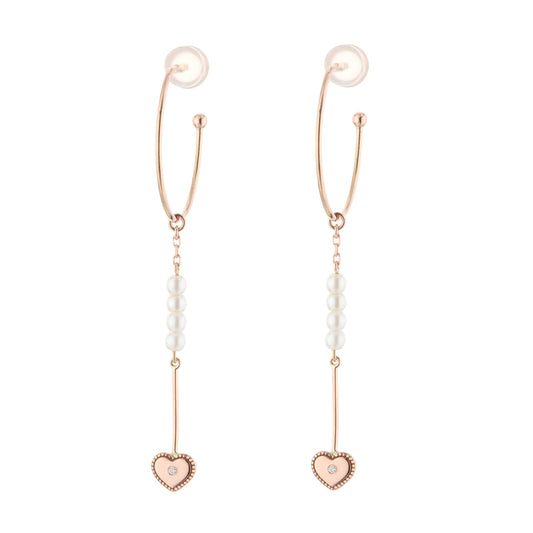 Rose Gold Hoop Earrings with Pearls & Diamonds - Heart
