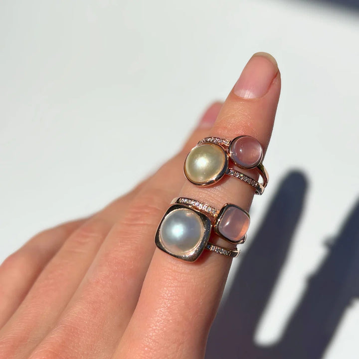 Elegant with a soft, feminine touch, the Pink Moon Ring showcases a luminous white Mabe cultured pearl with a creamy, radiant glow. Accented with a delicate rose quartz detail, it brings a subtle blush of colour that beautifully complements the pearl’s natural beauty. Timeless and versatile, this refined design is perfect for everyday wear or as a meaningful gift for someone special, designed to be cherished for years to come.