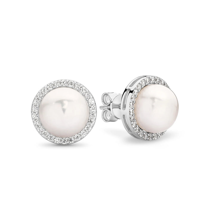 Introducing our Stella Earrings: exquisite white button freshwater pearls adorned with sparkling cubic zirconia&
