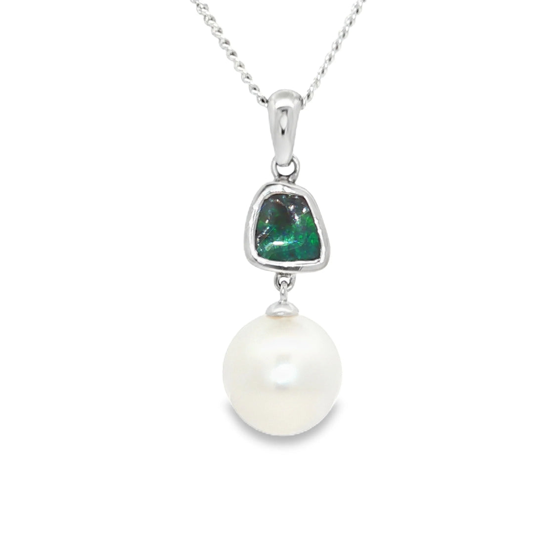 Peacock Green Boulder Opal &amp; South Sea Pearl Pendant