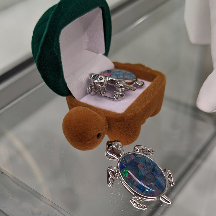 Opal Turtle Pendant Brooch in Sterling Silver