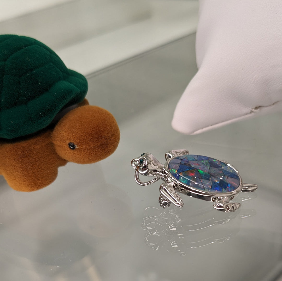 Opal Turtle Pendant Brooch in Sterling Silver