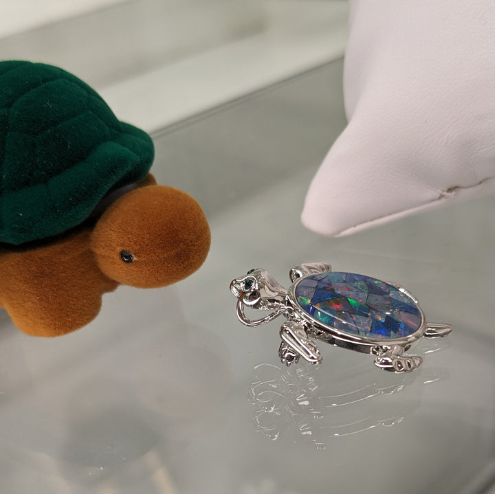 Opal Turtle Pendant Brooch in Sterling Silver
