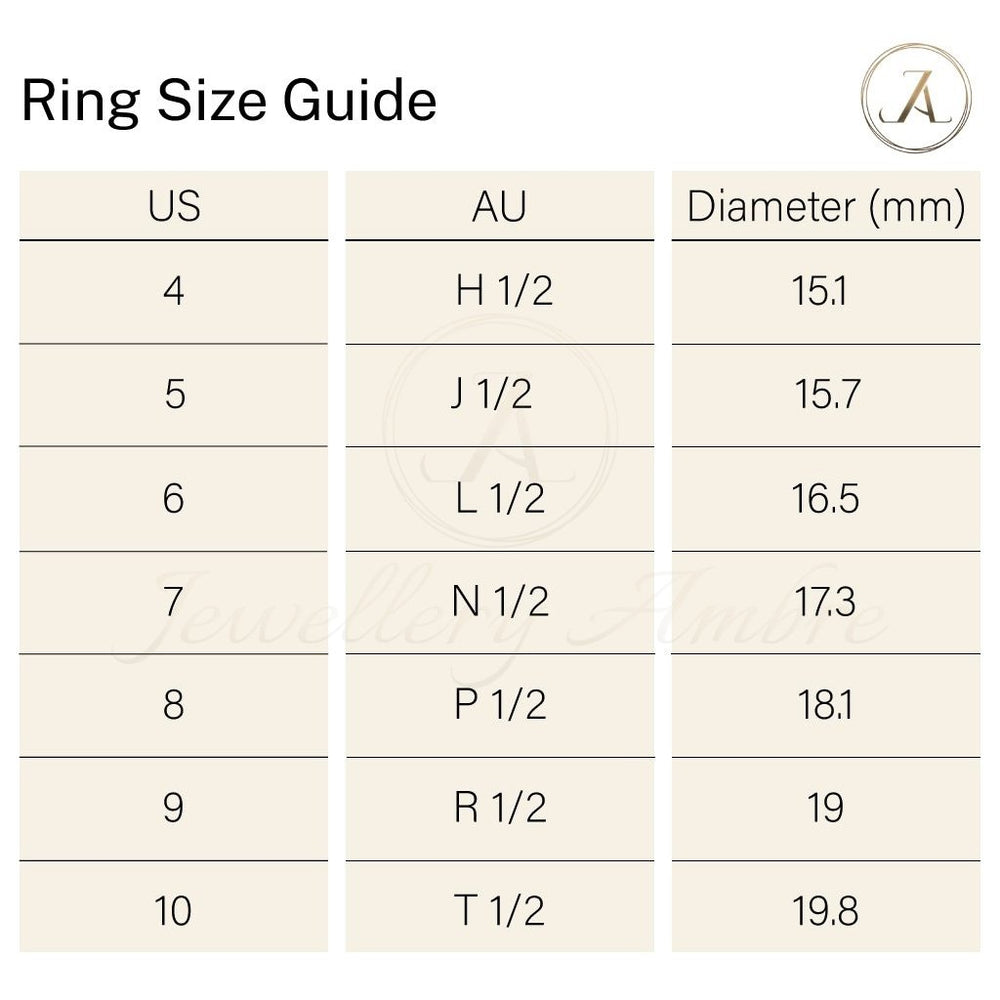 Ring size guide with measurements in US, AU, and diameter(mm) on a beige background
