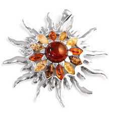 Elegant Amber Sun Pendant in Sterling Silver