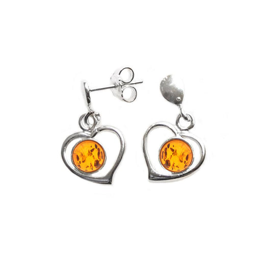 Delicate Amber Heart Earrings in Sterling Silver