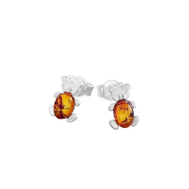 Amber Teddy Bear Studs in Sterling Silver