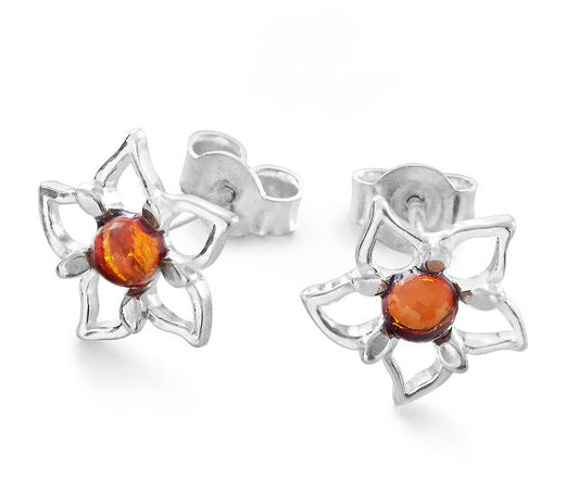 Amber Flower Studs In Sterling Silver Earrings
