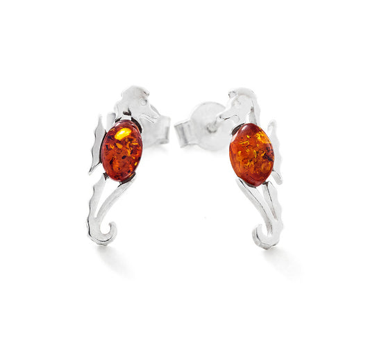 Amber Seahorse Studs in Sterling Silver