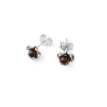 Dark Brown Amber Small Flower Studs in Sterling Silver