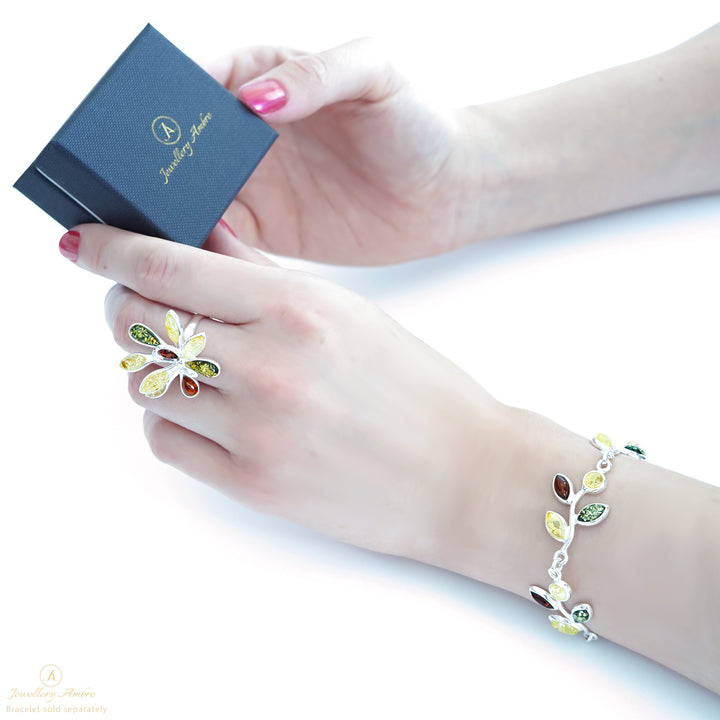 Amber Flower Ring in Sterling Silver