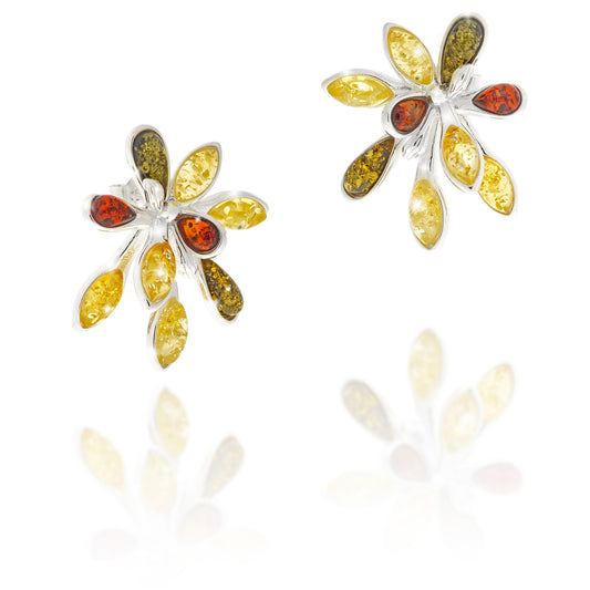 Amber Flower Earrings in Sterling Silver
