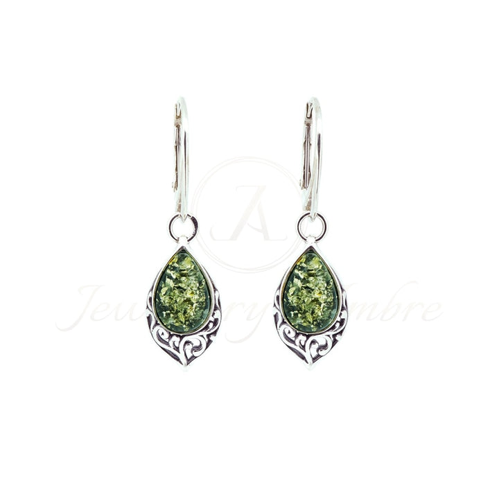 Amber Dangles In Sterling Silver Green Earrings