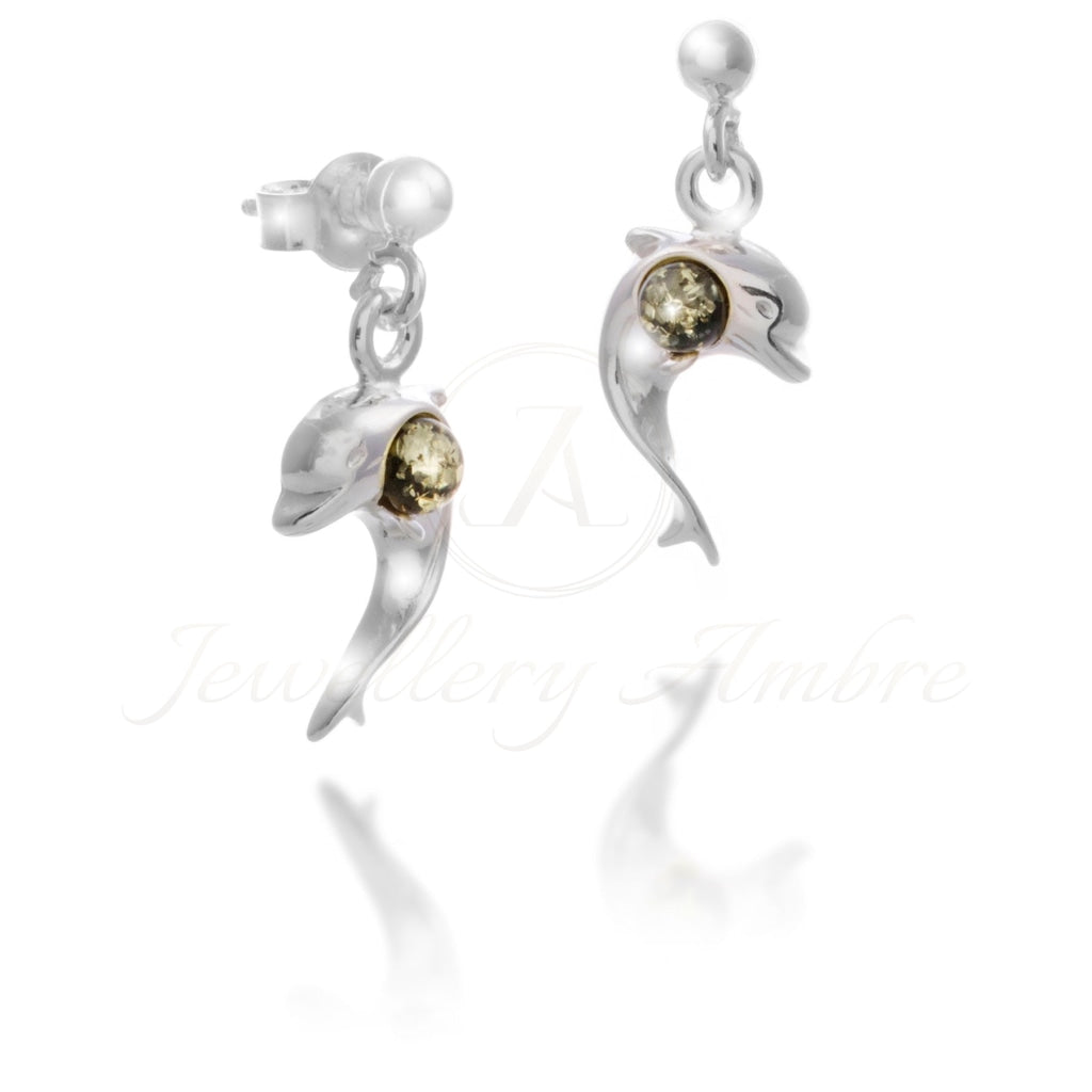 Amber Dolphin Earrings In Sterling Silver