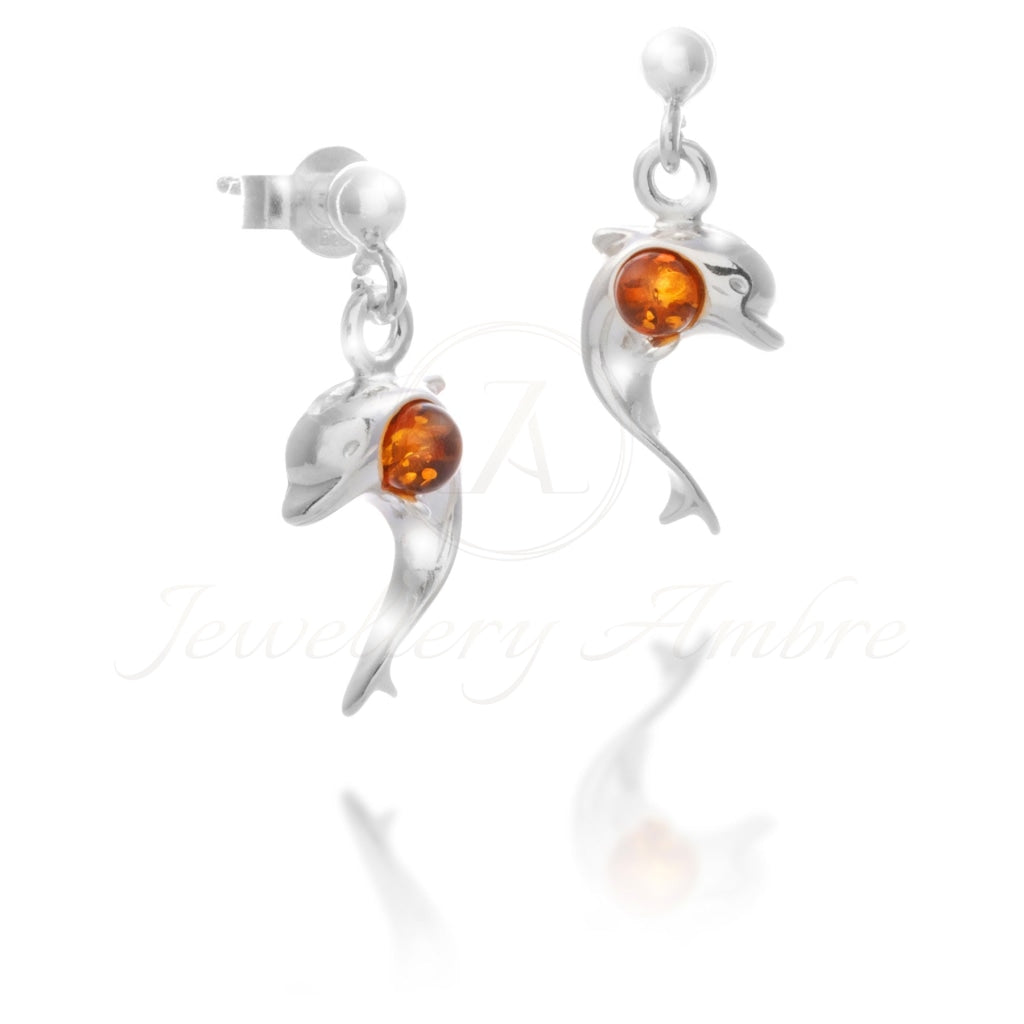 Amber Dolphin Earrings In Sterling Silver