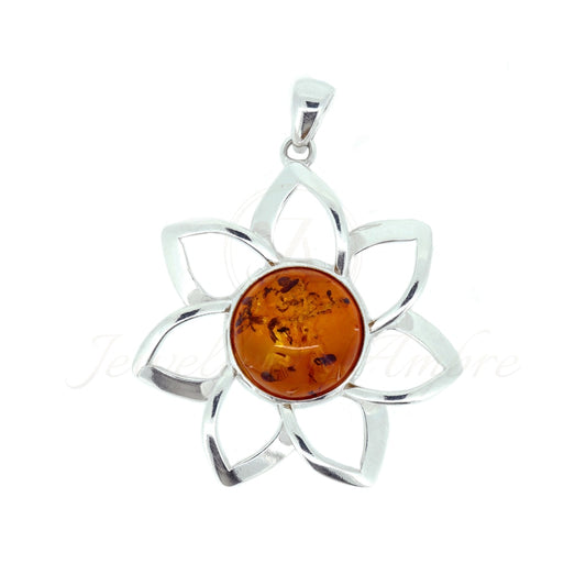 Amber Flower Pendant in Sterling Silver