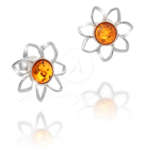 Amber Flower Studs In Sterling Silver Earrings