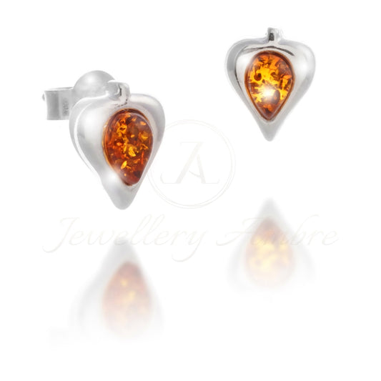 Amber Heart Studs In Sterling Silver Brown Earrings